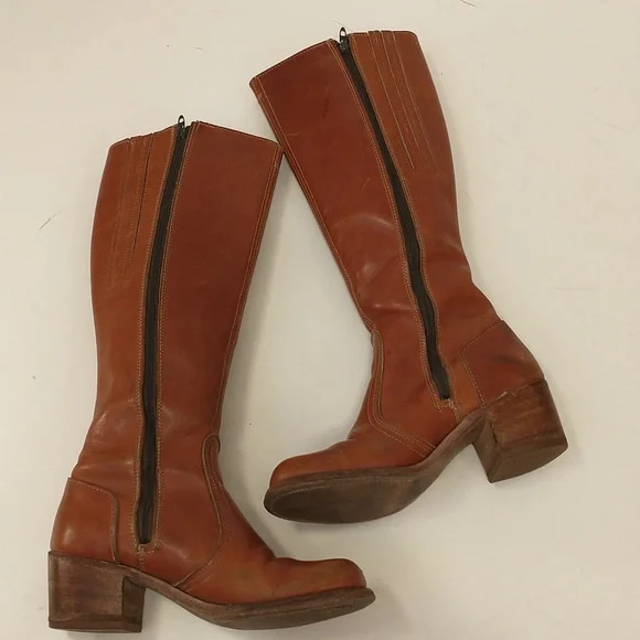 Vintage 70s Dexter Leather Boots 2.25 Chunky Leather Heels Dallas Chestnut sz7.5